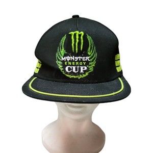 Monster Energy Cup Adjustable Hat Cap Black w/ 3 Green Stripes Trucker Style